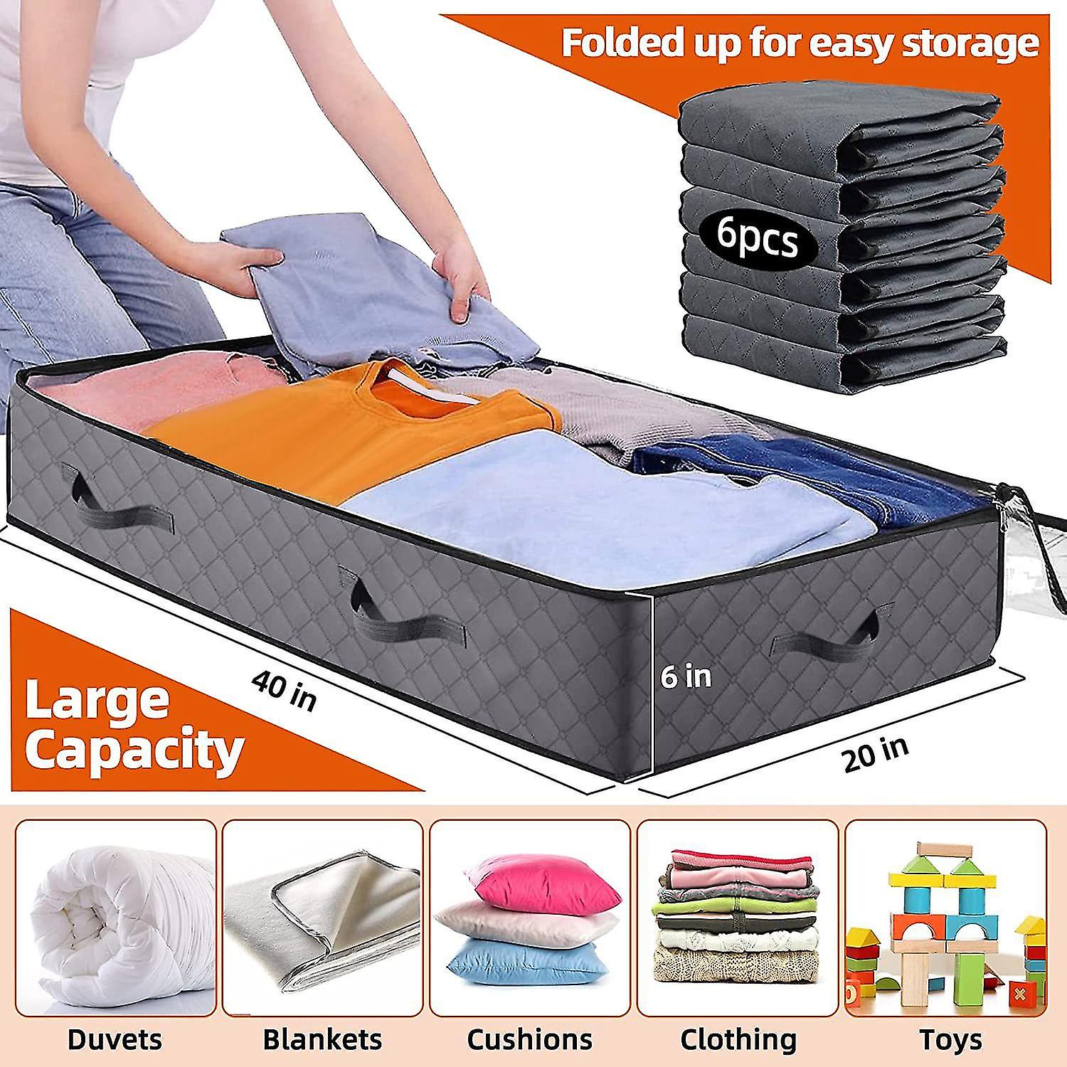 6 Pack Underbed Storage Bags， Foldable Under Bed Container Bins Organizer For Clothes， Blanket， Sho