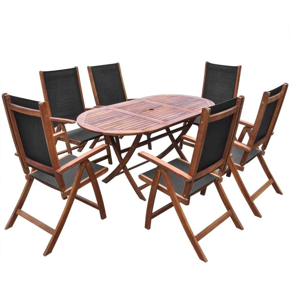 7 Pc Outdoor Dining Set  Table   6 Folding Chairs  Solid Acacia Wood