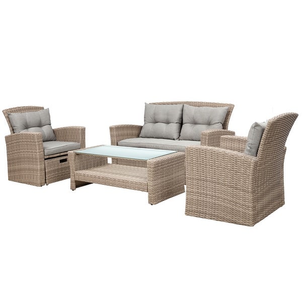 4-Pieces Outdoor Garden Sectional Furniture Set for 4-6， Rattan Sofa Set with Tempered Glass Coffee Table， Ottoman and Cushions - Overstock - 37476155