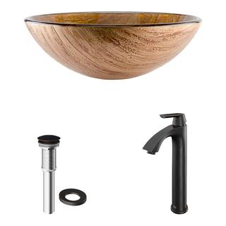 VIGO Glass Round Vessel Bathroom Sink in Wooden Brown with Linus Faucet and Pop-Up Drain in Antique Rubbed Bronze VGT391