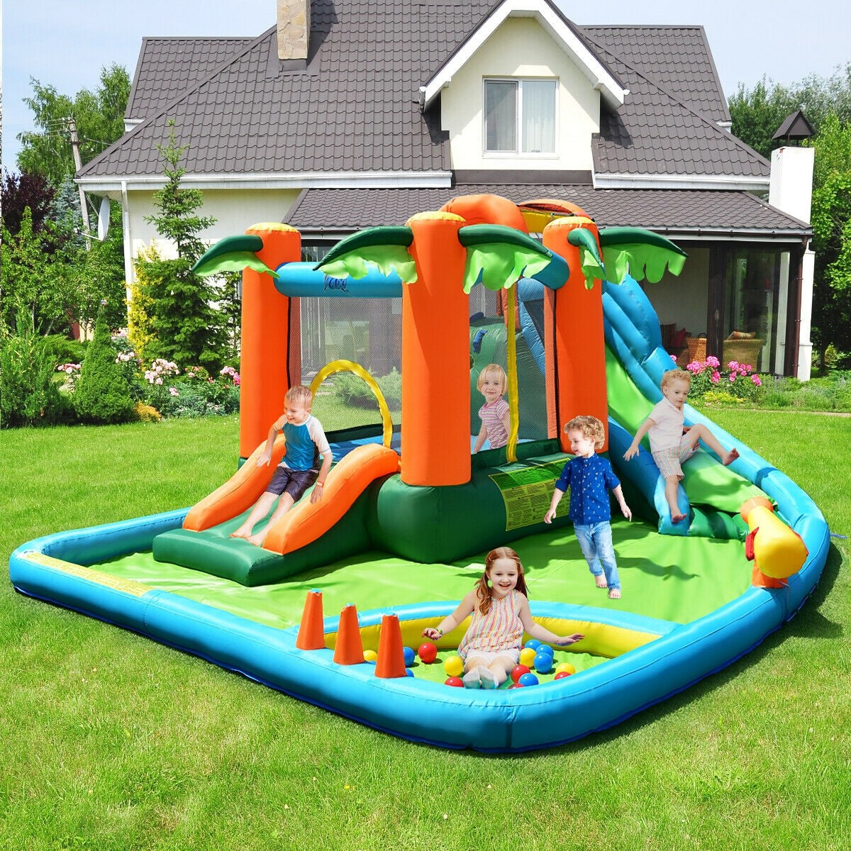 Multiple Play Areas 7 in 1 Jungle Water Park w/ Two Slides & Jumping Area