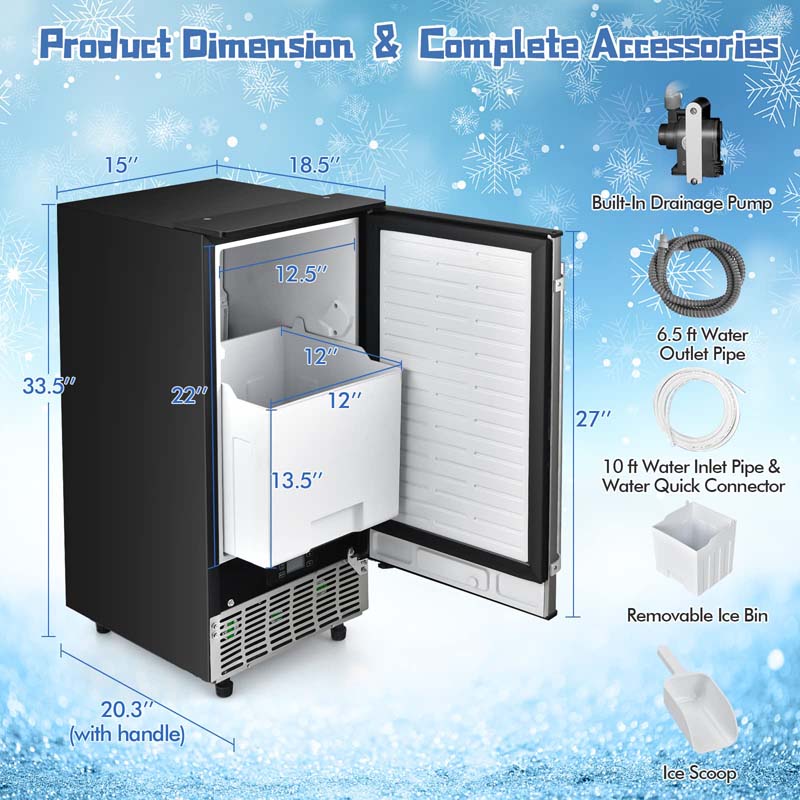 80LBS/24H Commercial Ice Machine Freestanding & Under Counter Ice Cube Maker with Drain Pump & 25lbs Ice Bin