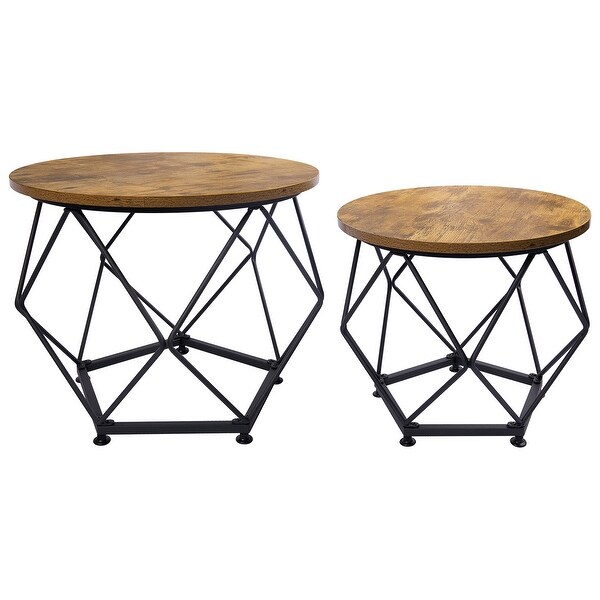 Brown Round Steel Outdoor Coffee Table Set of 2 with Wood Top