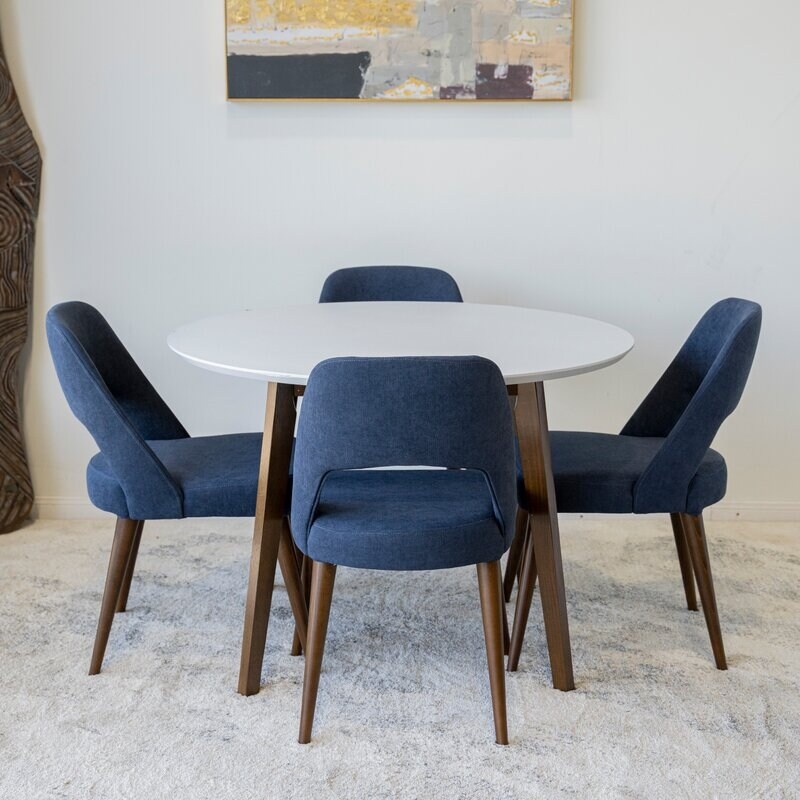 Colville 5 Piece Mid Century Modern Dining Set with 4 Linen Dining Chairs in Blue