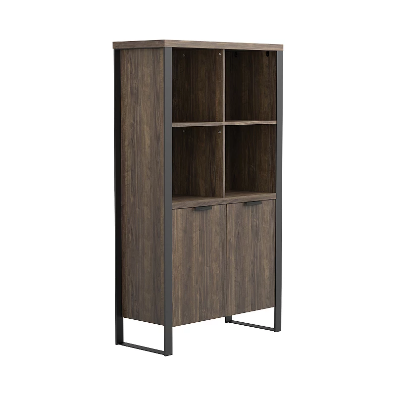 Wooden Bookcase with 2 Doors and Metal Frame， Brown and Black