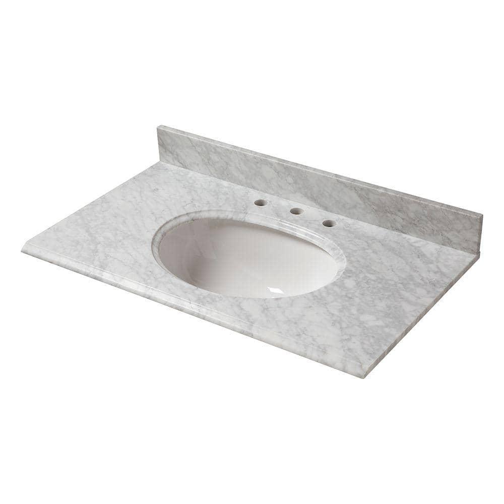 Home Decorators Collection 37 in W Marble Vanity Top in Carrara with White Bowl and 8 in Faucet Spread