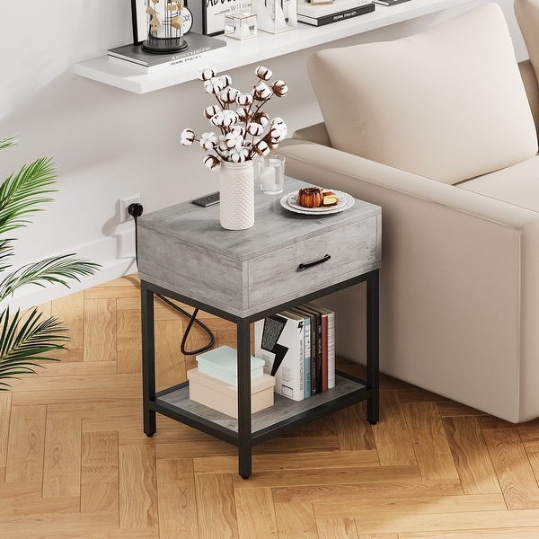 Nightstand-Bedside Table with Charging Station Type-CandUSB Ports， Modern End Table