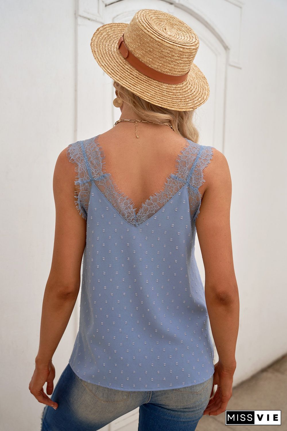 Sky Blue Eyelash V Neck Cami Tank Top