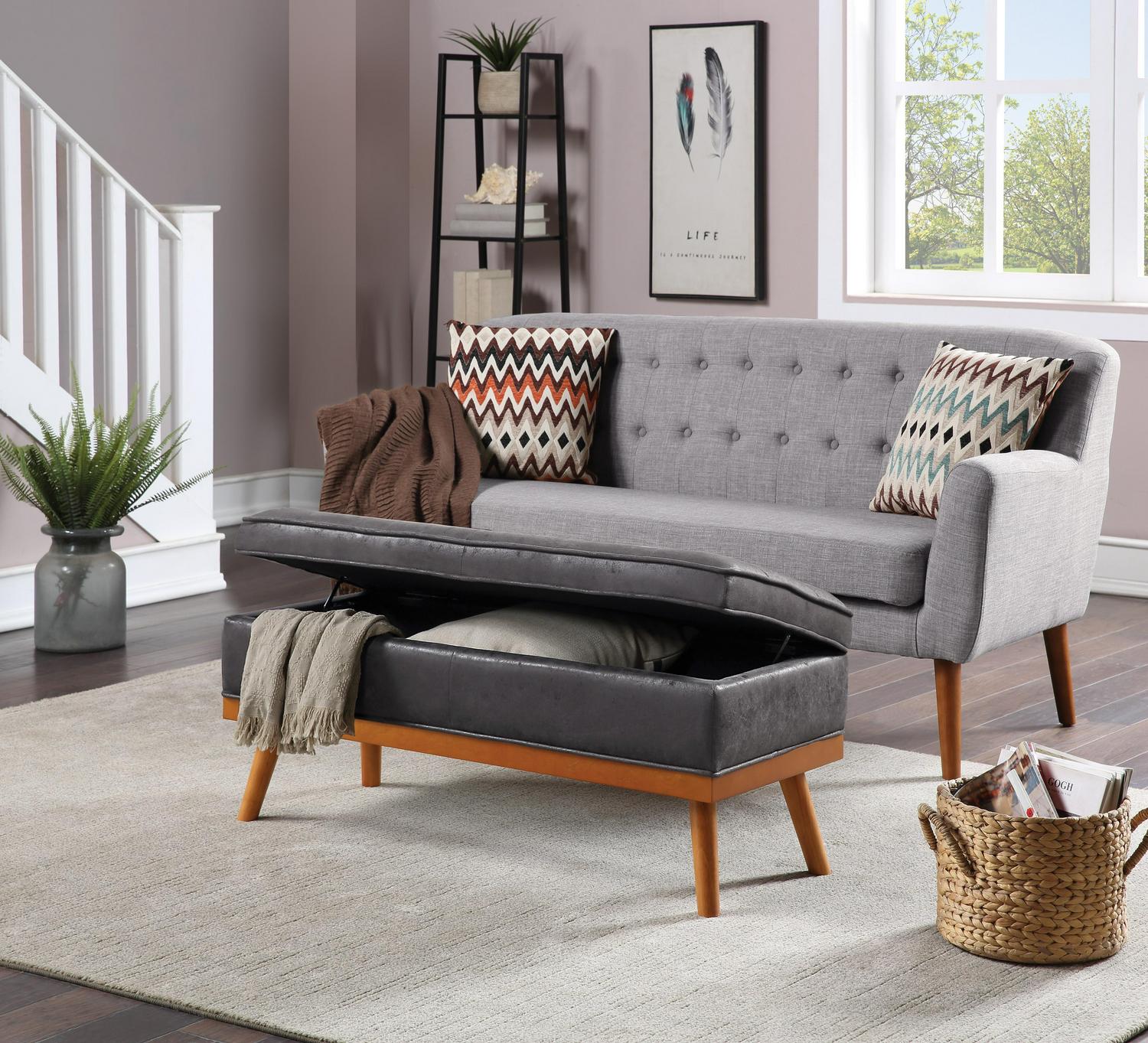 OSP Home Furnishings Katheryn Storage Bench in Charcoal Faux Leather  Crowdfused