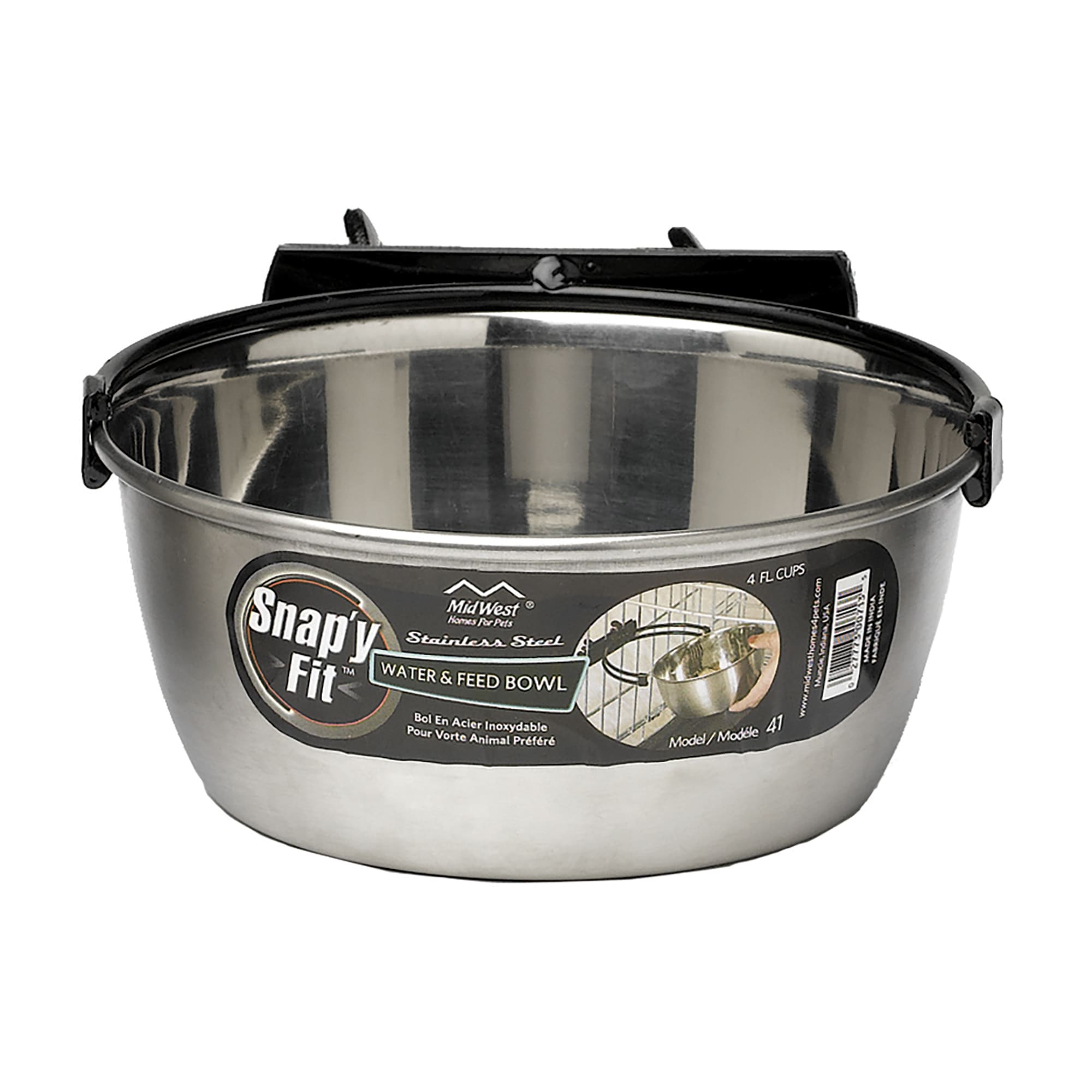 MIDWEST Snap'y Fit Stainless Steel Water amp; Feed Bowl for Dogs， 4 Cup