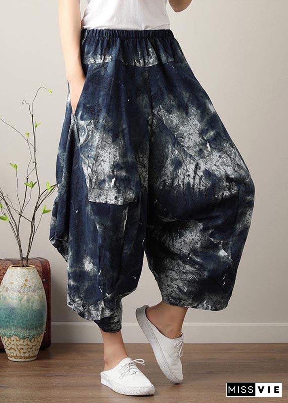 Diy Denim Blue Elastic Waist Cotton Linen Summer Harem Pants