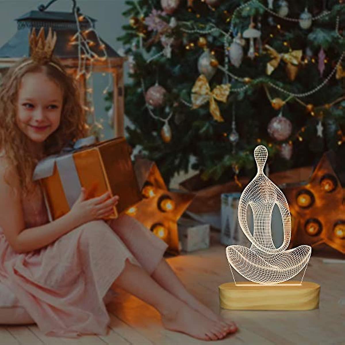 Yoga Lamp Led 3d Art Night Light For Girls Women Meditation Lovers Birthday Gifts Usb Power Warm Color Wood Base Table Lamps