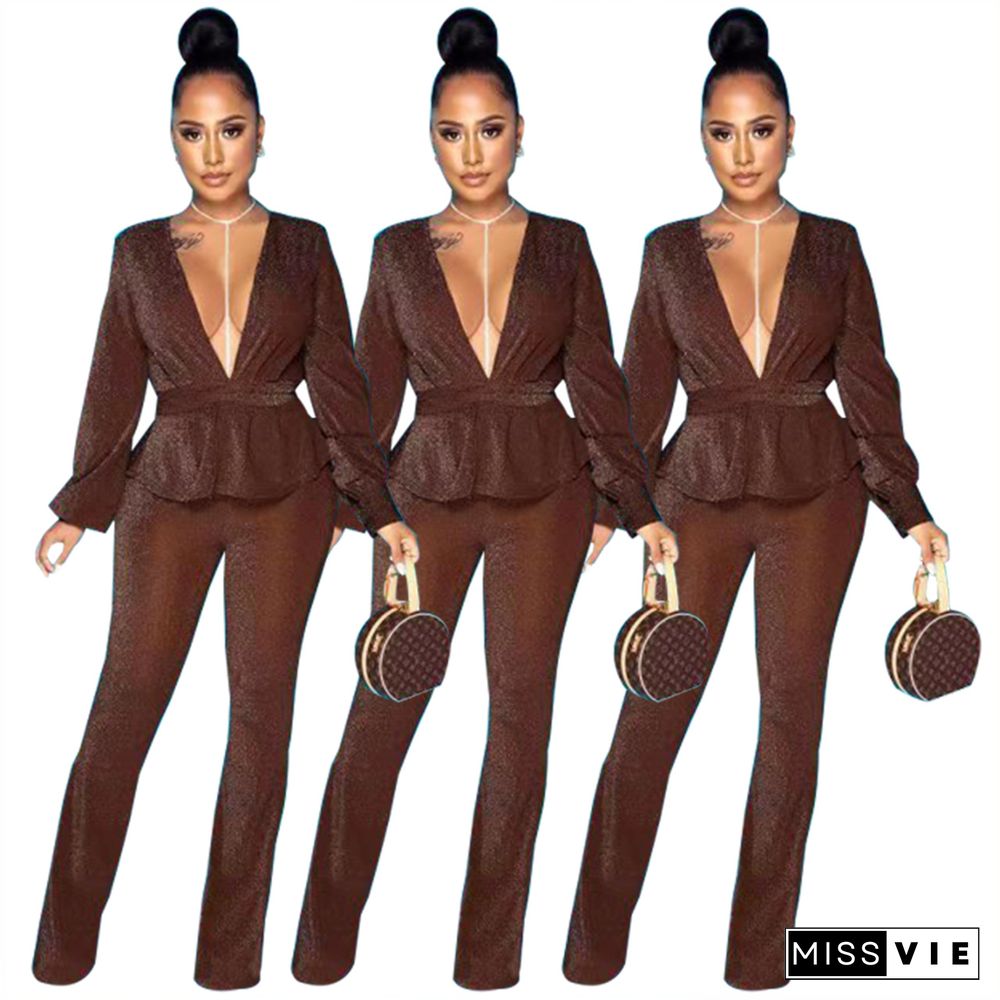 Shiny Plunge V Neck Long Sleeve Crop Top Pants Suits