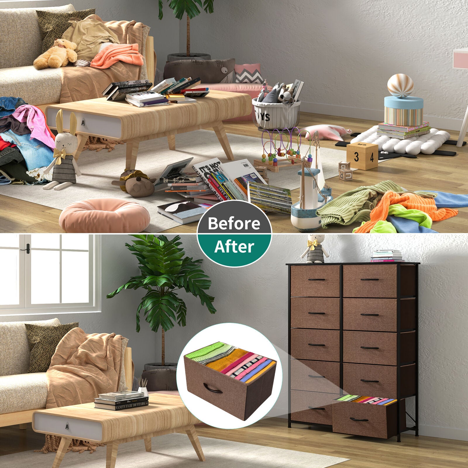 YITAHOME 10 Drawers Dresser Fabric Storage Tower Cabinet Bin Storage Organizer for Closets Bedrooms Kids Room, Brown