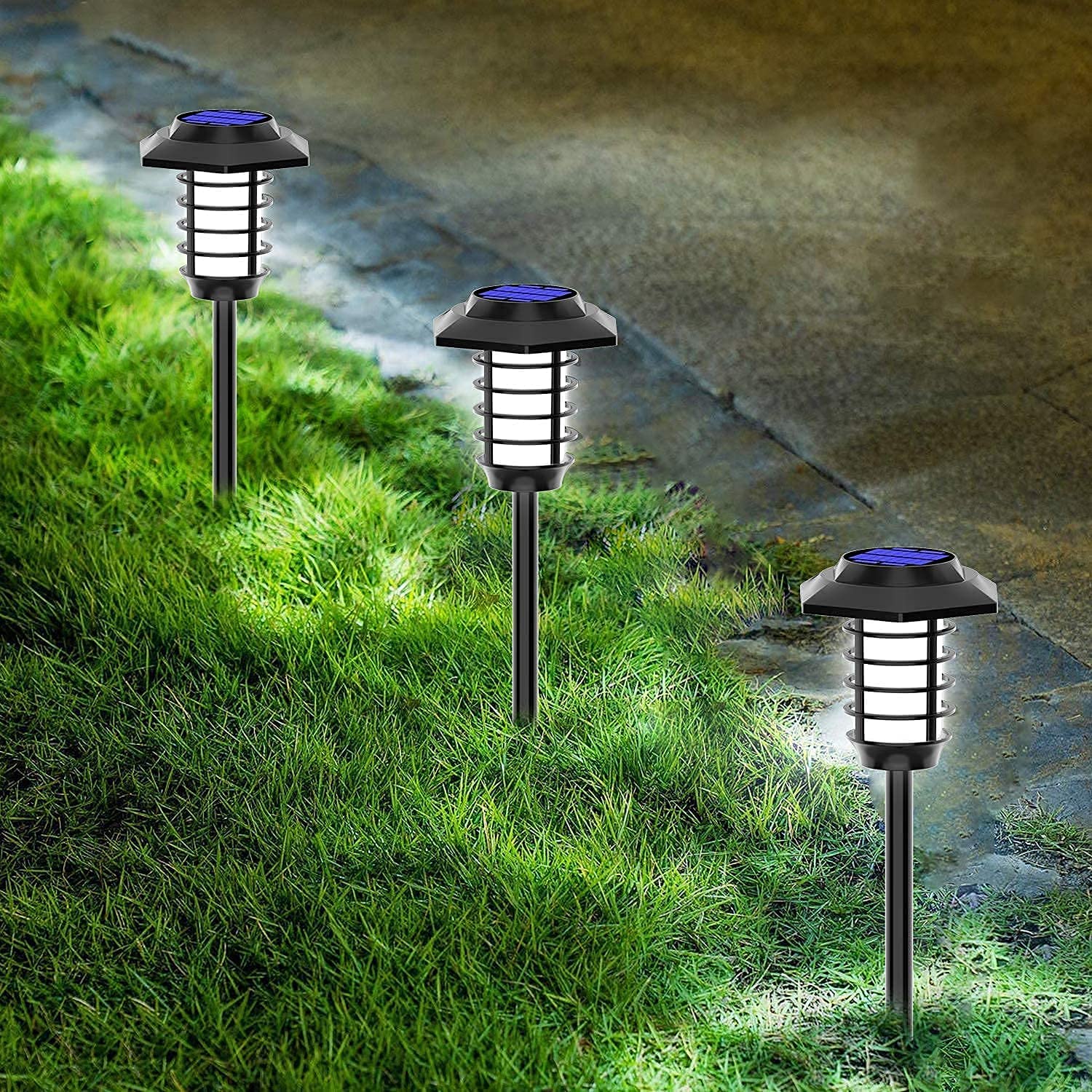 Junovo 2 Pack Solar Flickering Flame Light Solar Powered Pathway Light Waterproof Outdoor Garden Landscape Light for Patio Deck Yard