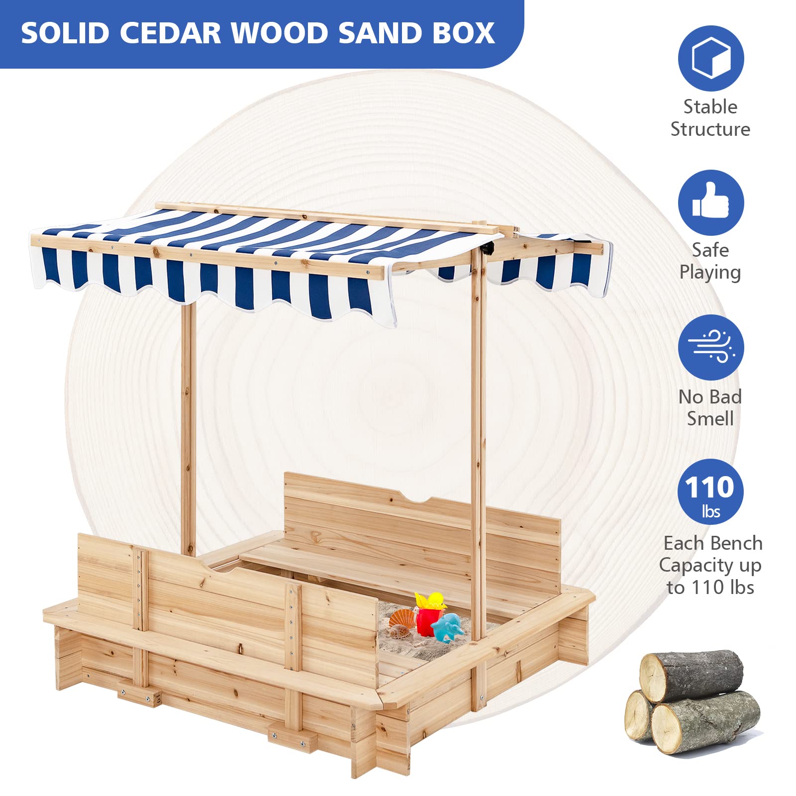 Costzon Kids Wooden Sandbox with Convertible Canopy, 2 Bench Seats w/Backrest, Children Outdoor Playset