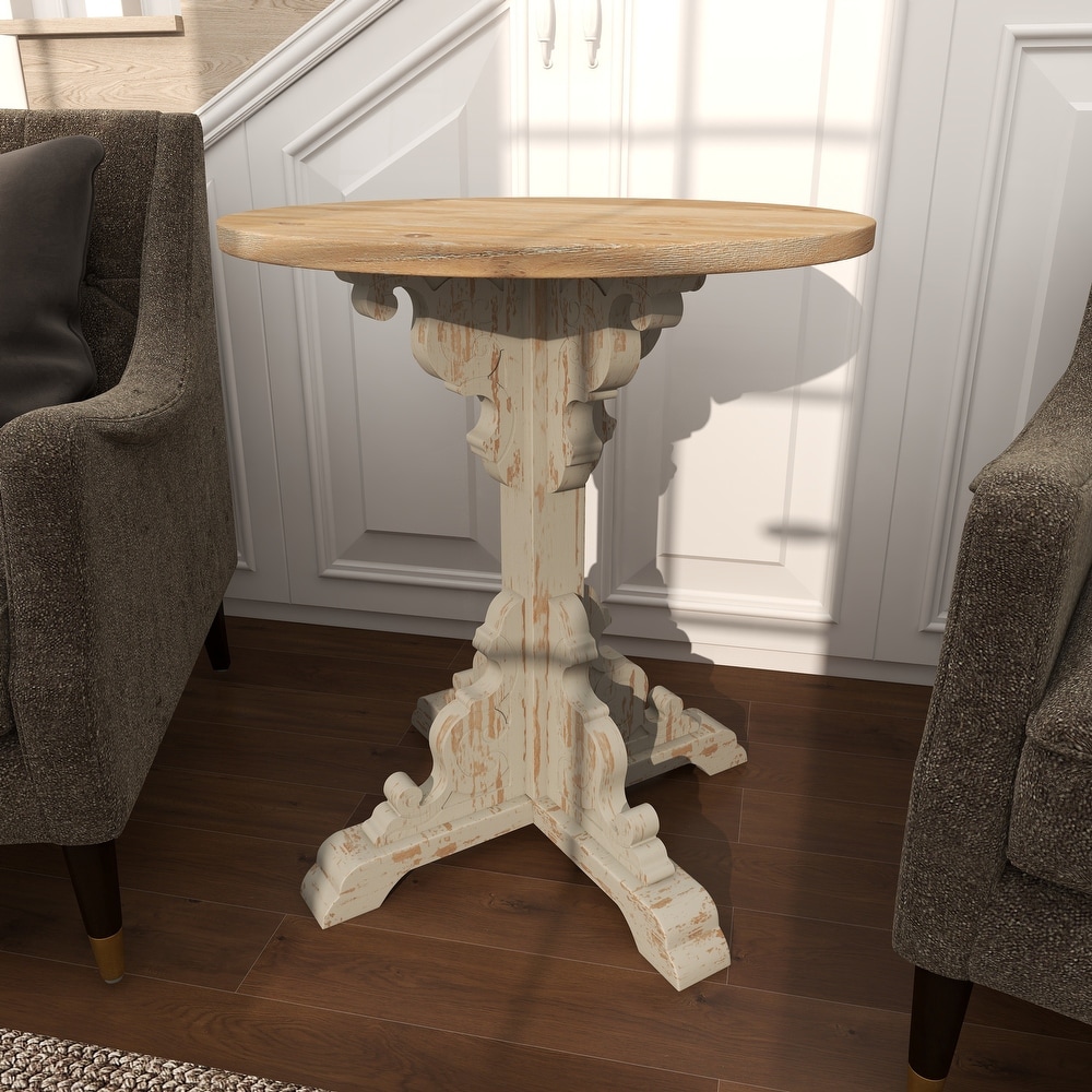 Wood Intricately Carved Scroll Accent Table with Brown Wood Top