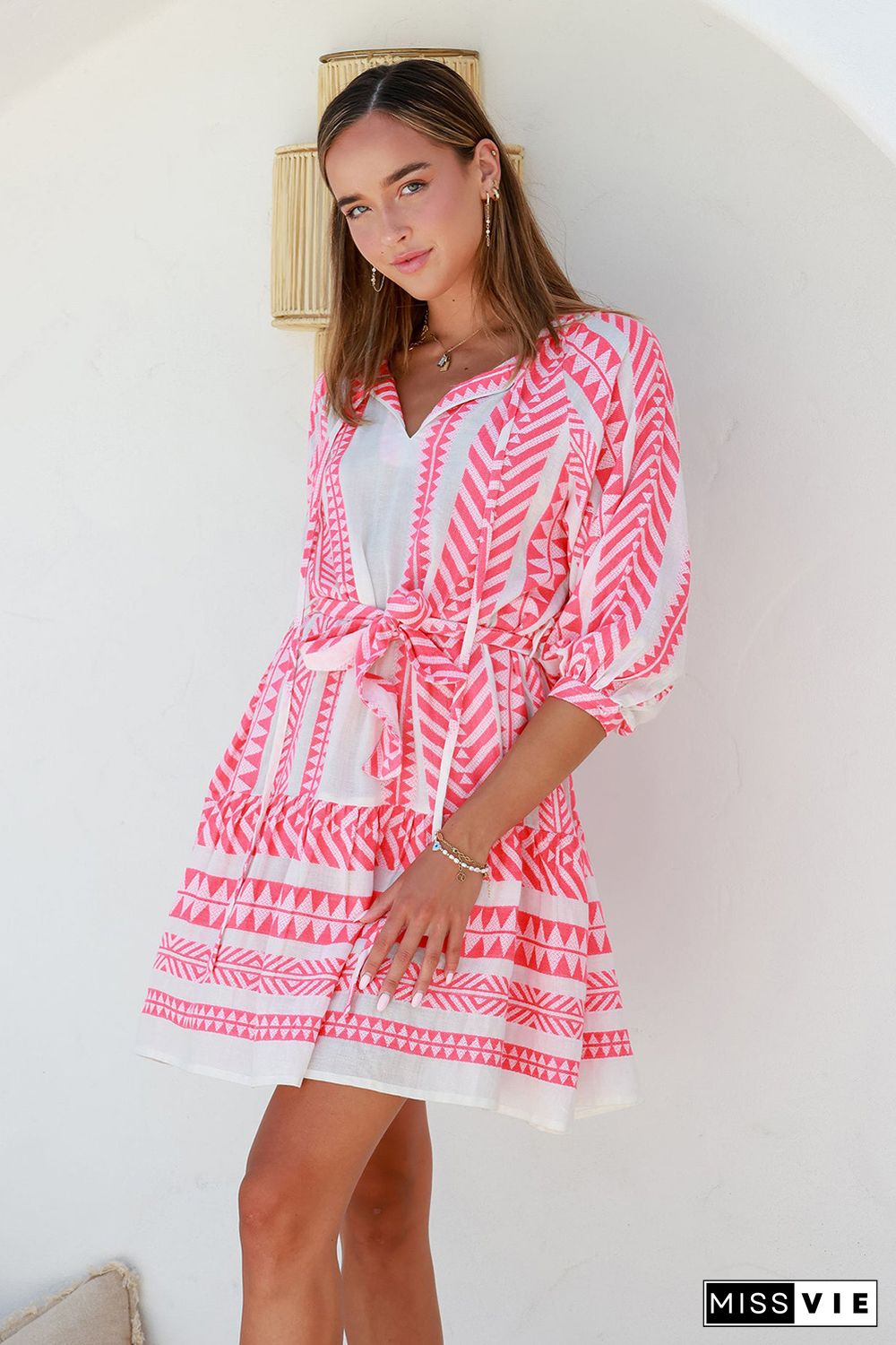 Red Geometric Print Belted Puff Sleeve Dress