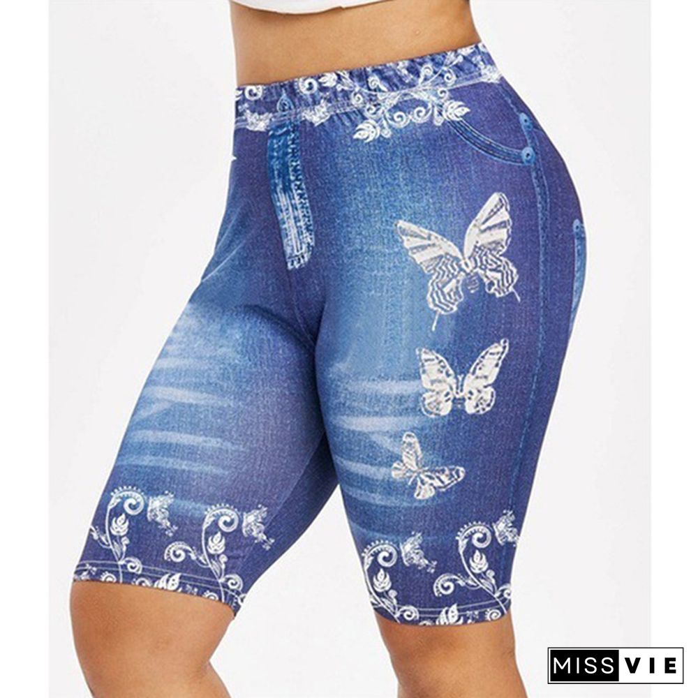 New Women's Fashion 3D butterfly Floral Print Denim Shorts Leggings Plus Size Yoga Shorts Leggings