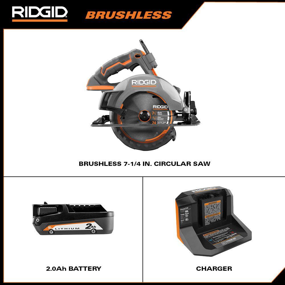 RIDGID 18V OCTANE Brushless Cordless 7-14 in. Circular Saw Kit with 18V Lithium-Ion 2.0 Ah Battery and Charger R8654B-AC9302