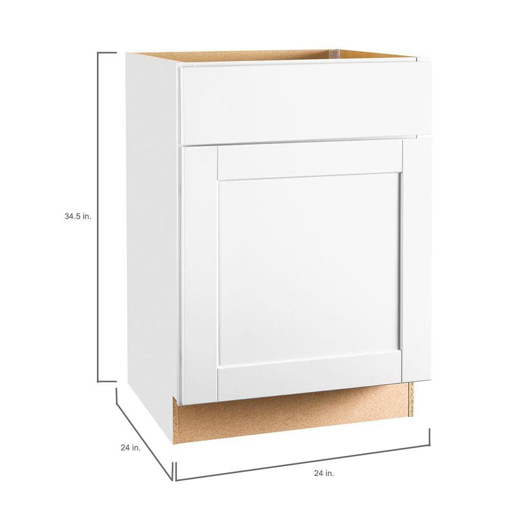 Hampton Bay Shaker 24 in. W x 24 in. D x 34.5 in. H Assembled Base Kitchen Cabinet in Satin White with Ball-Bearing Drawer Glides KB24-SSW