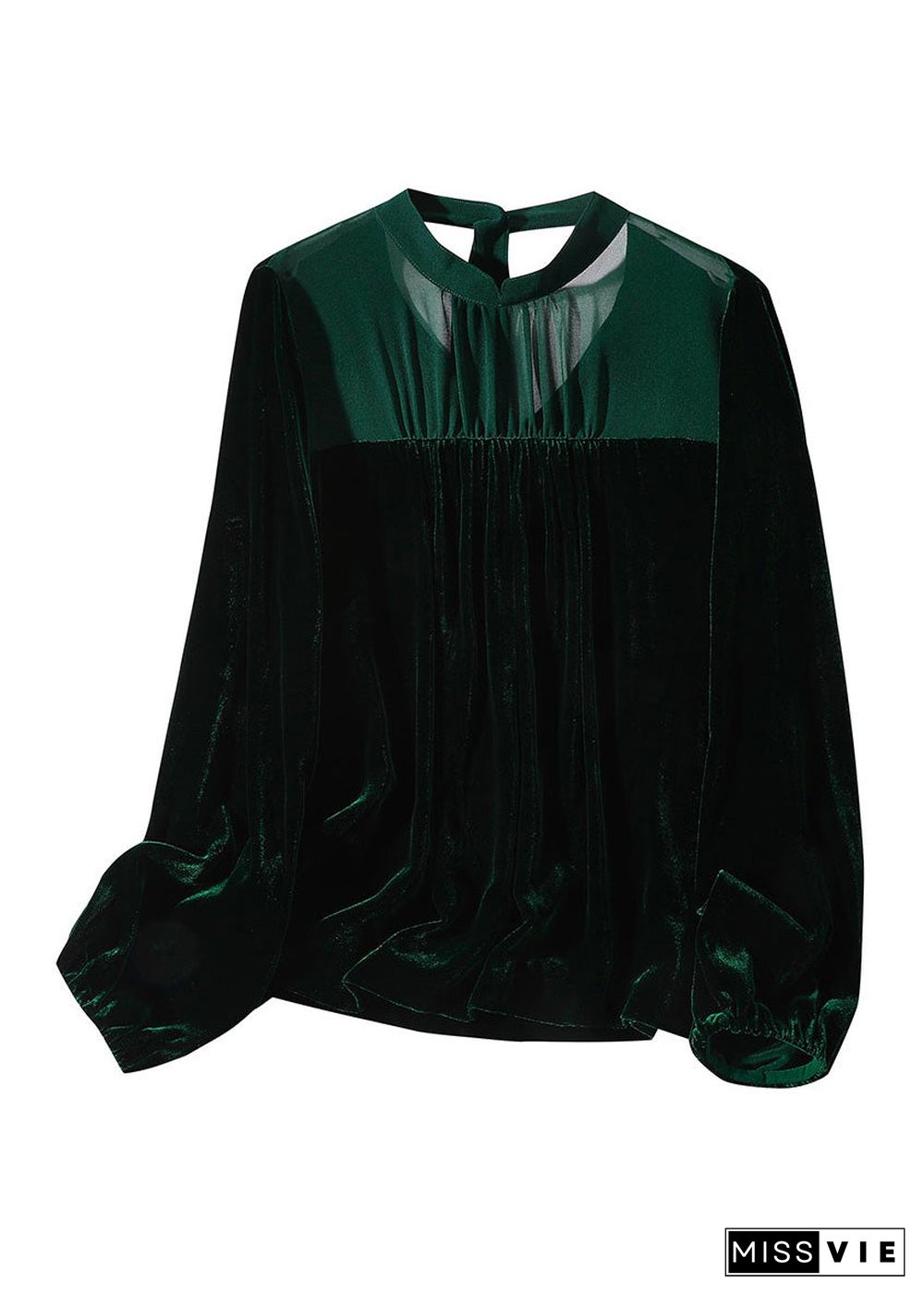 French Blackish Green Patchwork Silk Velour Shirts Long Sleeve