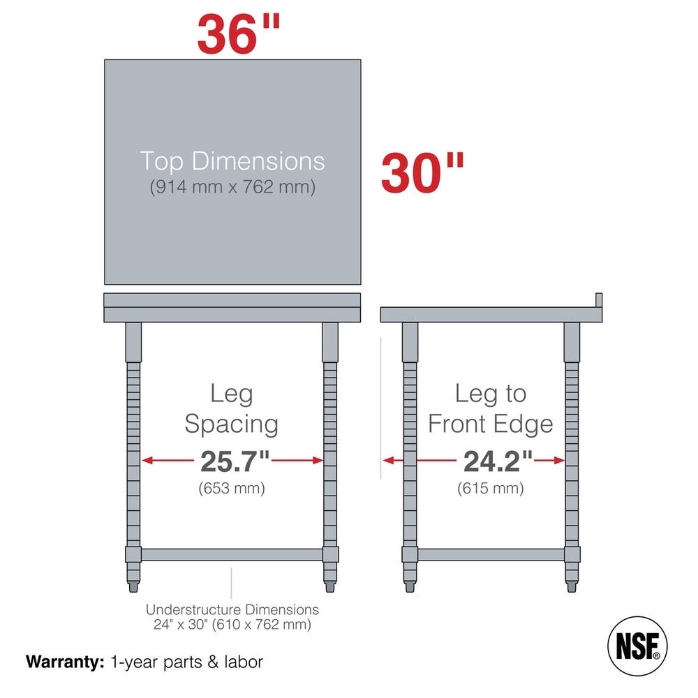 Metro TWS3036SU-316B-S TableWorx Stationary Stainless Steel Work Table with Open 3-Sided Frame and Backsplash， 30