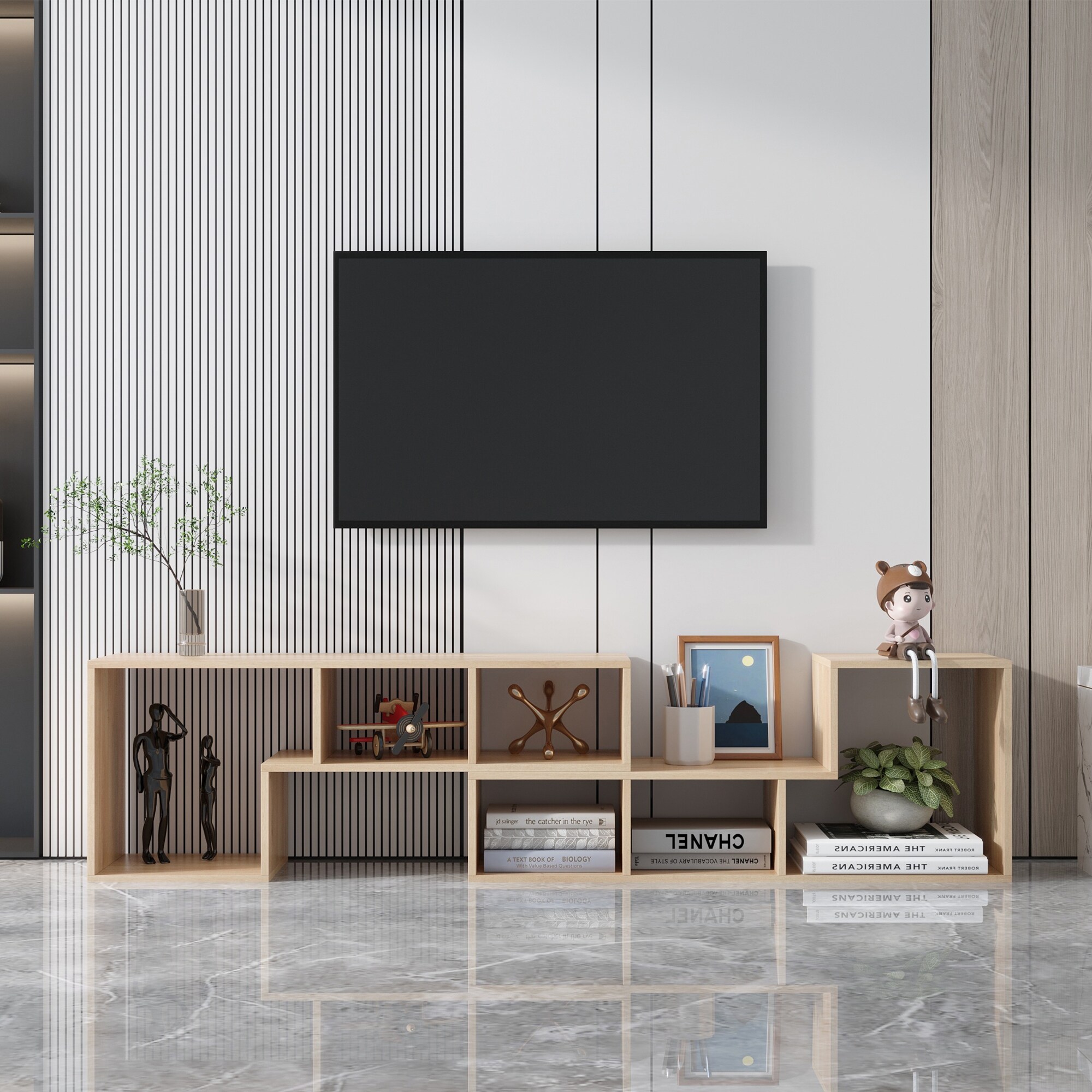 Abstract Living Room Bookcase Double L-Shaped Low Floor TV Stand with Multi Display Storage ShelvesandOpen Cubes Compartments