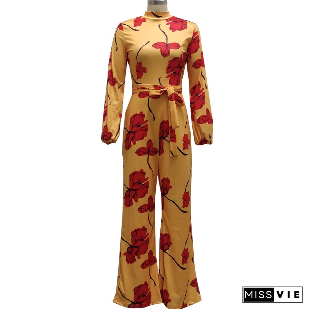 Fashion Digital Printing Spring Autumn O-Neck Long Sleeve Belted One Piece Wide Leg Jumpsuit