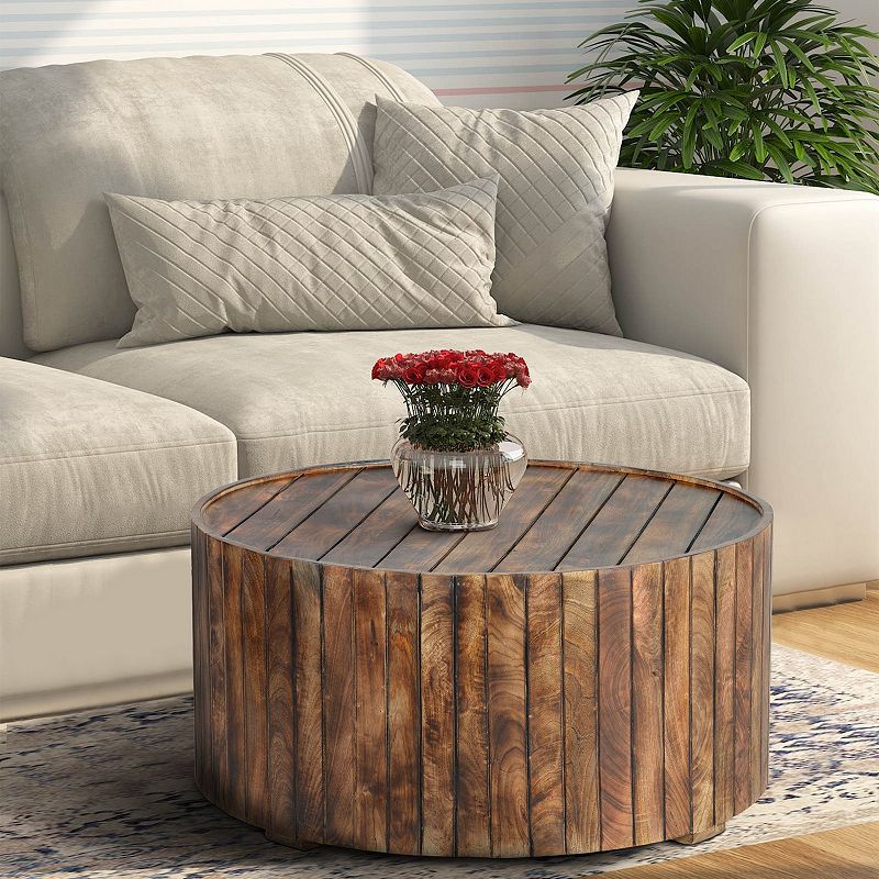 34 Inch Handmade Wooden Round Coffee Table with Plank Design， Burned Brown