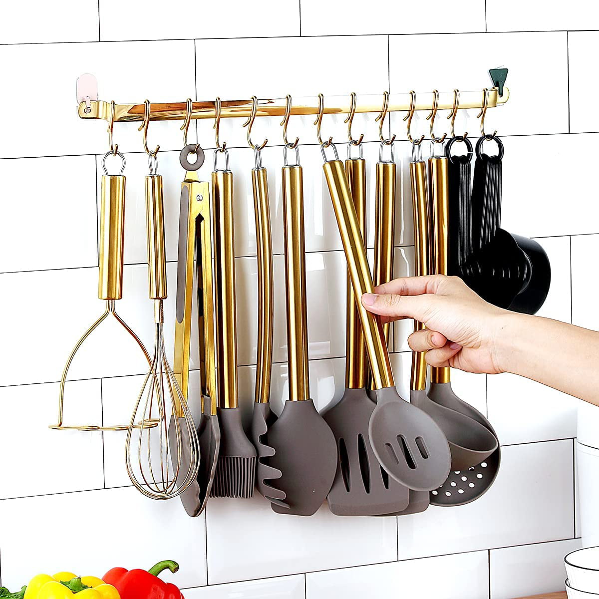 Just Houseware 38 Piece Silicone kitchen Cooking Utensils Set with Utensil Rack, Silicone Head and Stainless Steel Handle Cookware, Kitchen Tools for Utensil Sets, Non-Stick kitchen Gadgets (Gold)