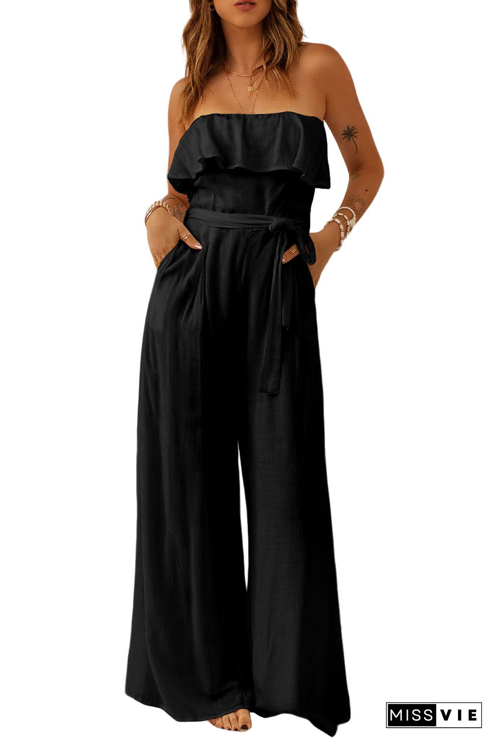 Black White Ruffled Bandeau Wide Leg Jumpsuit