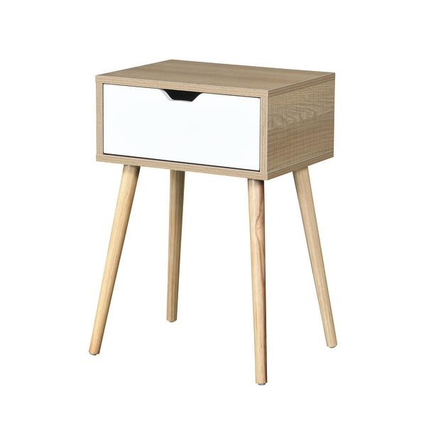 Side Table with 1 Drawer and Rubber Wood Legs， Mid-Century Modern Storage Cabinet for Bedroom Living Room