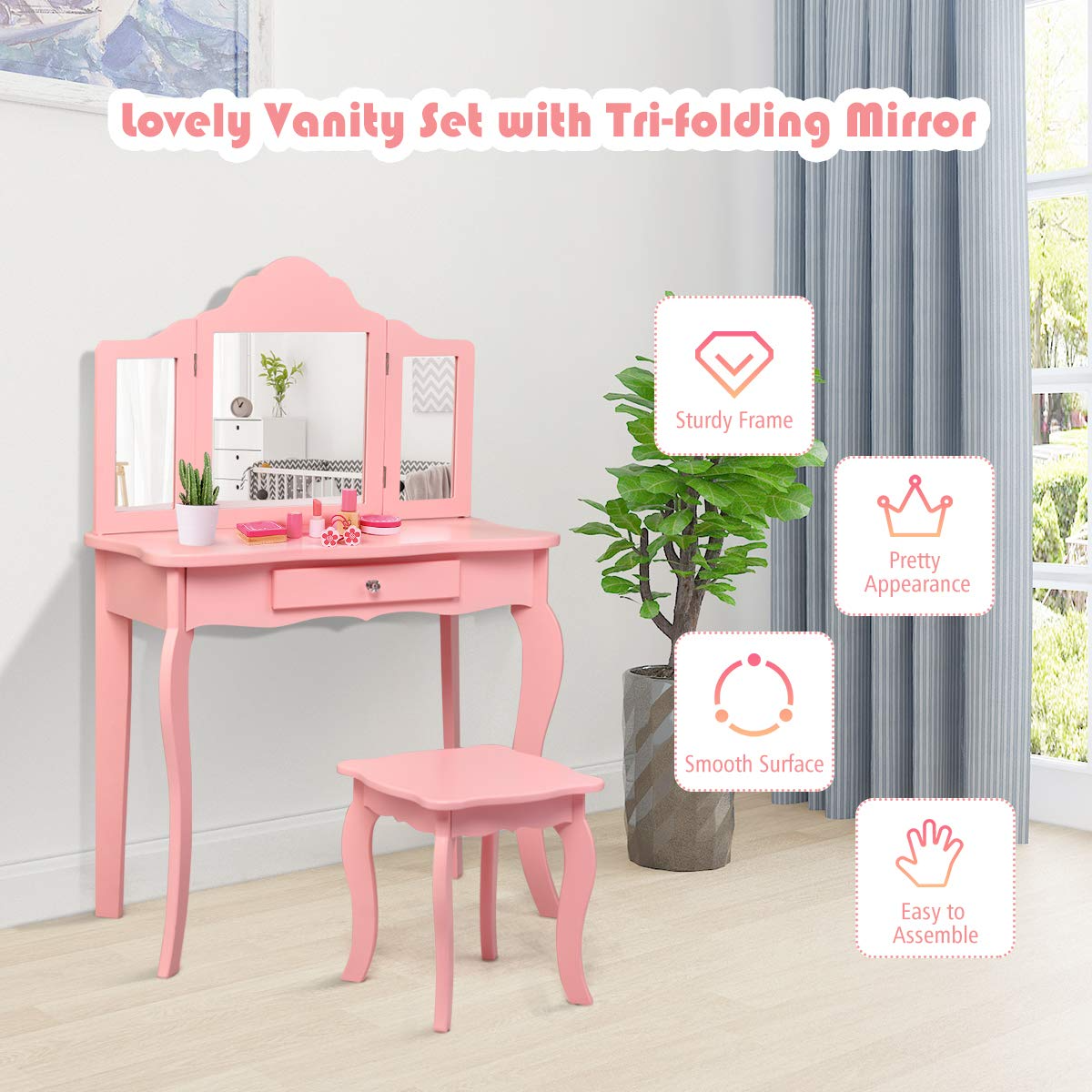 Costzon Kids Wooden Vanity Table & Stool Set, 2 in 1 Detachable Design with Dressing Table and Writing Desk (Pink)