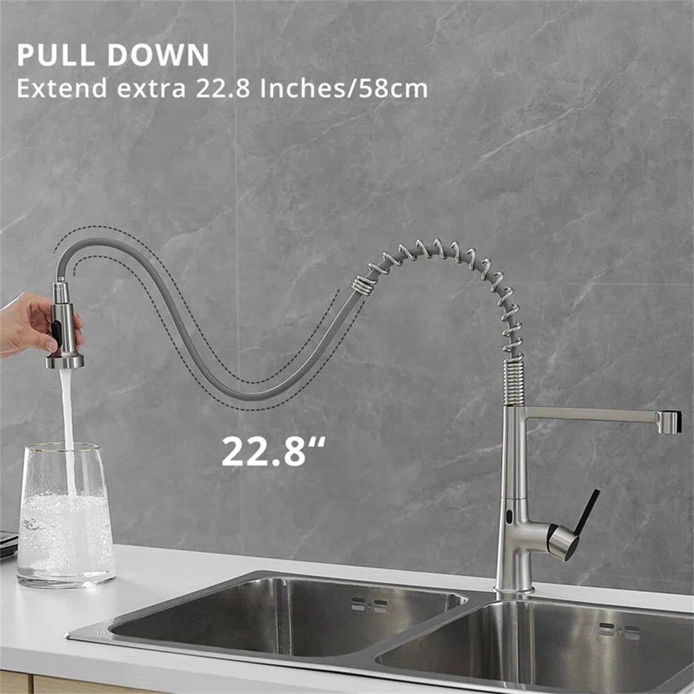 FLG Touchless Kitchen Sink Faucet With Pull Down Sprayer Commercial Single Handle Sensor Automatic Brass Taps Brushed Nickel CC-0053-BN