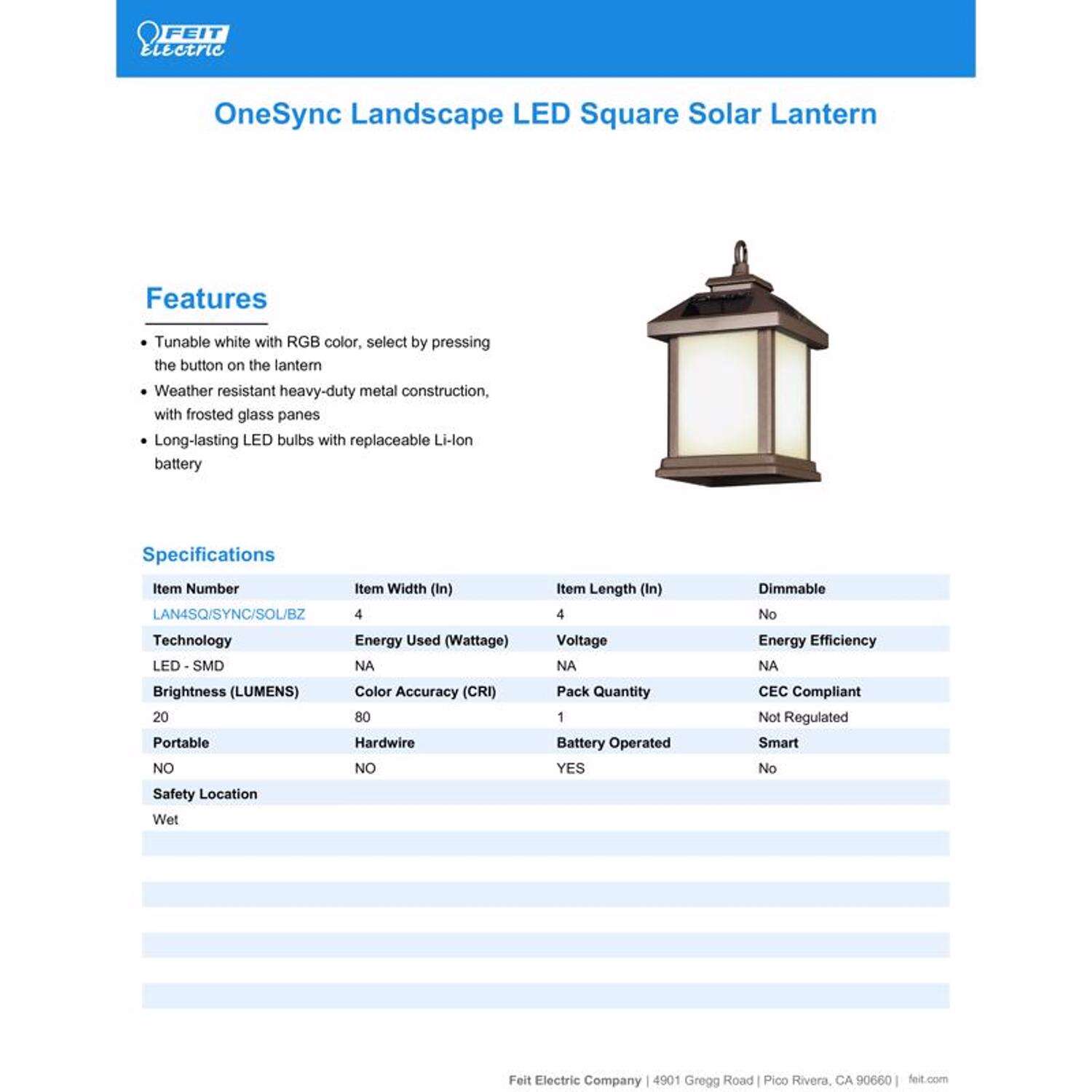 Feit Smart Home 4 in. Solar Power Metal Square Hanging Pathway Light Bronze