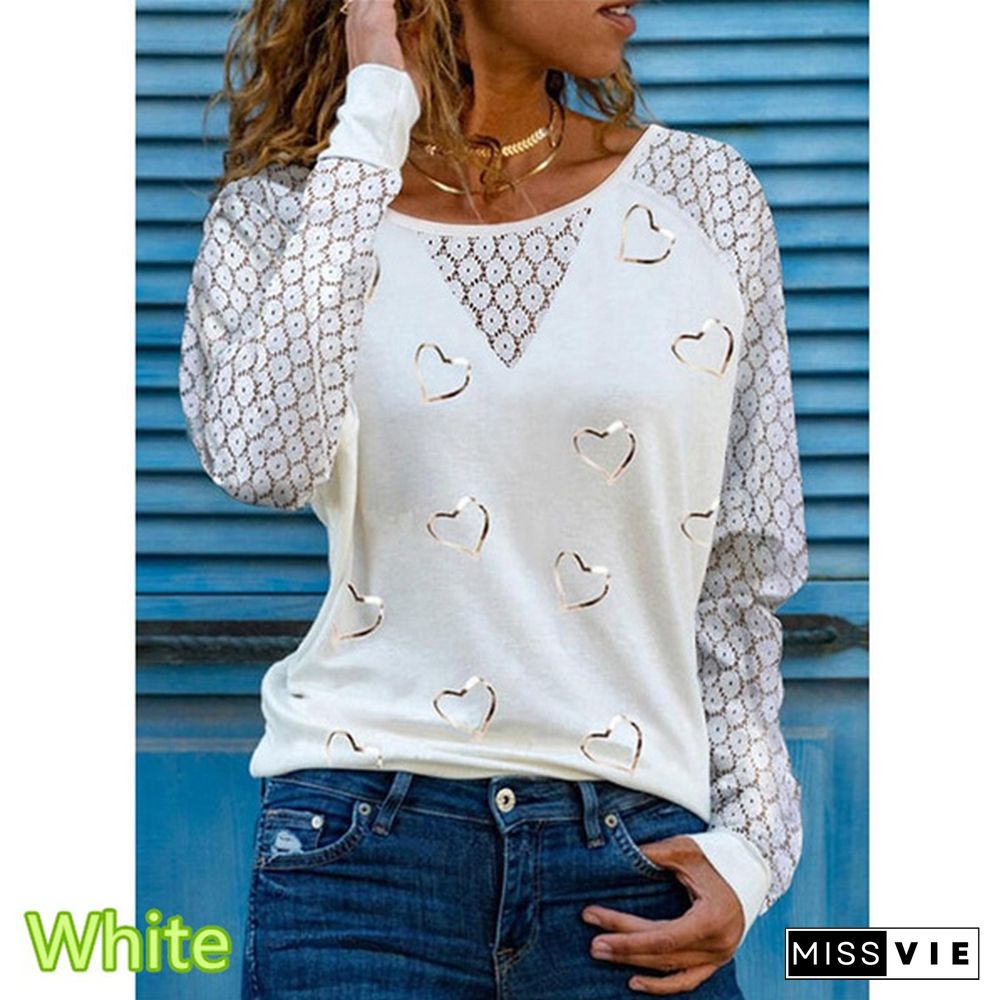 Spring and Early Autumn New Fashion Women's Love Printed Lace Long Sleeve Casual Top Loose Plus Size Soft and Comfortable Round Neck Bottoming Shirt XS-5XL