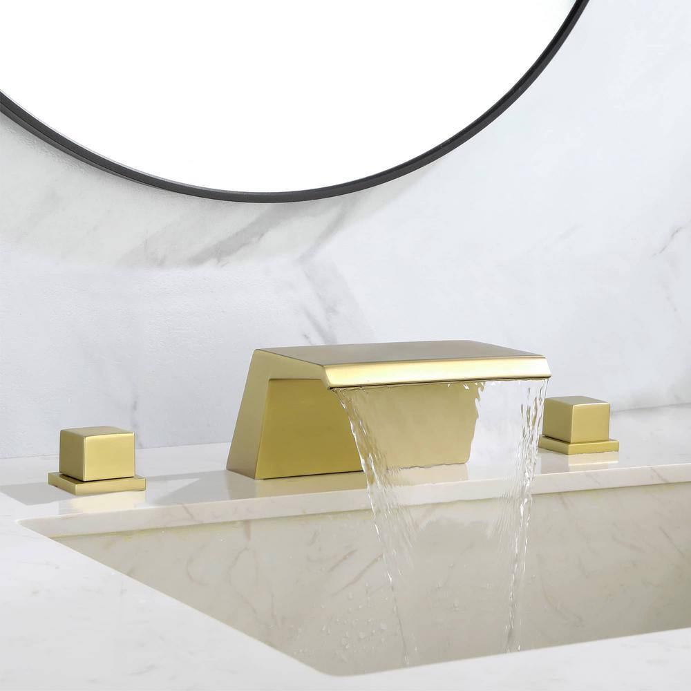 FLG 2-Handle Tub Deck-Mount Roman Tub Faucet 3-Holes Brass Waterfall Tub Filler in Brushed Gold SS-0159-BG