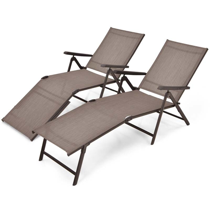 2 Pcs Folding Chaise Lounge Chair with 5-Position Backrest & 2-Position Footrest, Fabric Seat Sun Lounger for Pool Deck Beach