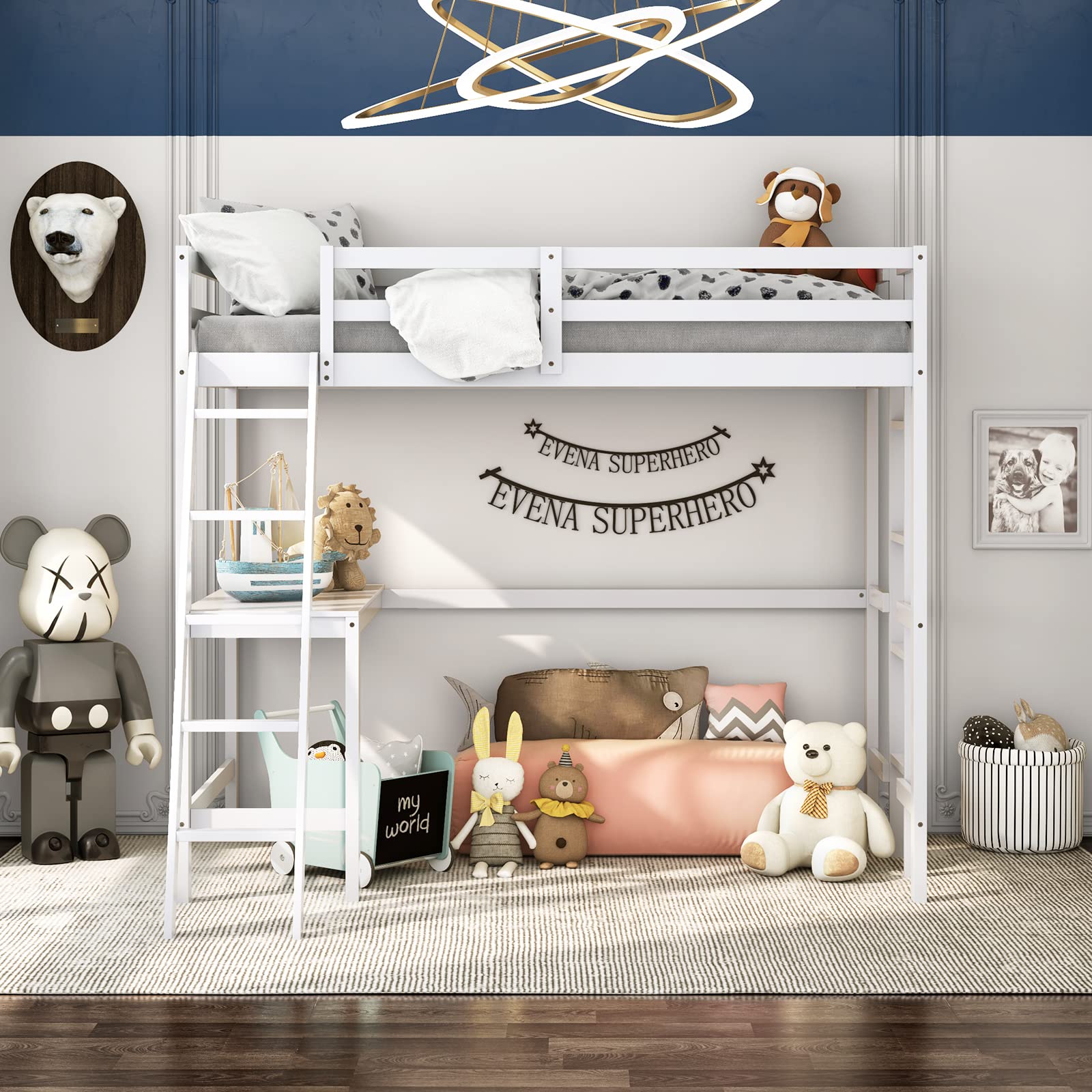 Loft Bed with Desk, Wooden Twin Size Loft Bed