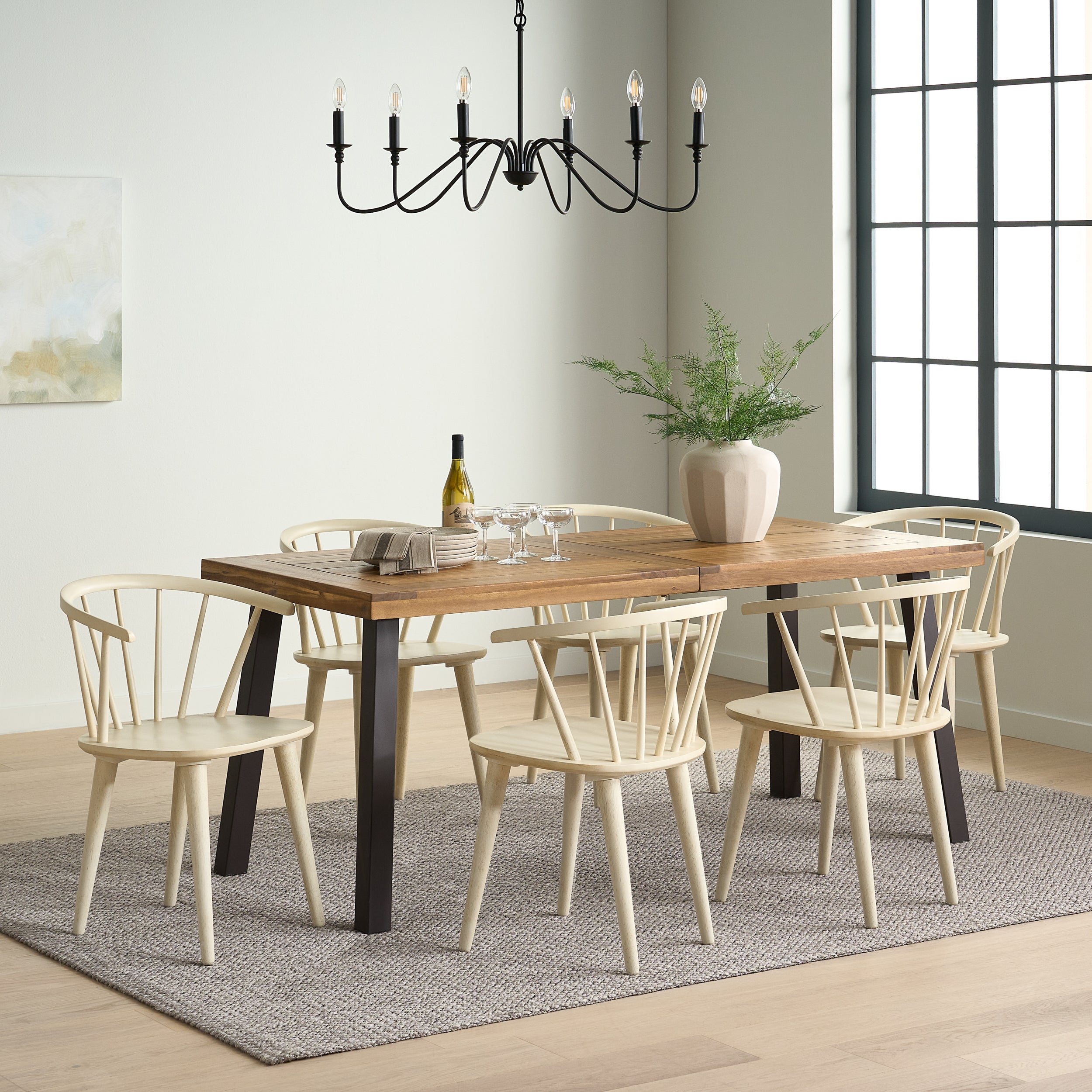 Hurlburt Farmhouse Wood and Iron 7 Piece Dining Set, Natural, Rustic Metal, and Cream