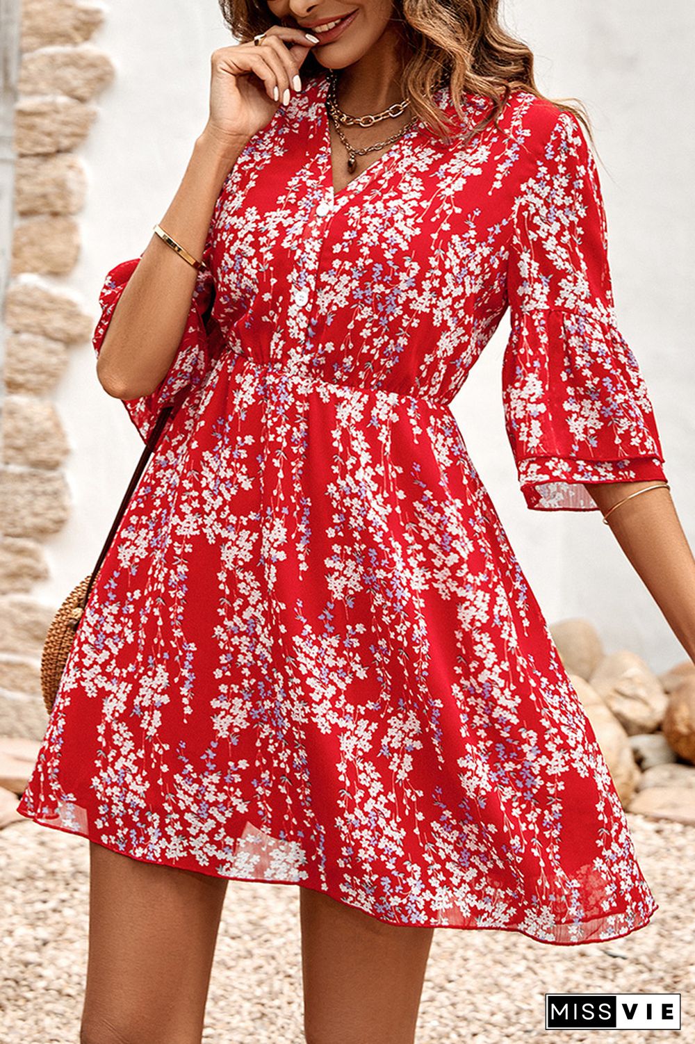 V Neck Buttoned Down High Waist Floral Dress