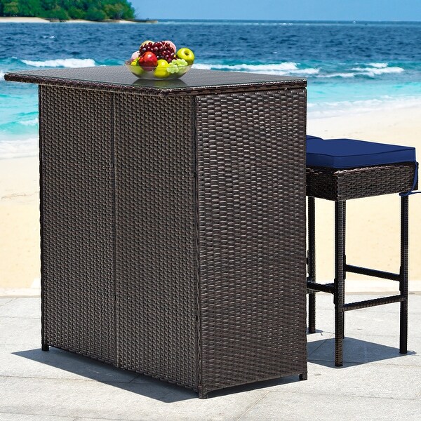 Costway Patio 3PCS Rattan Bar Table Stool Set Cushioned Chairs with