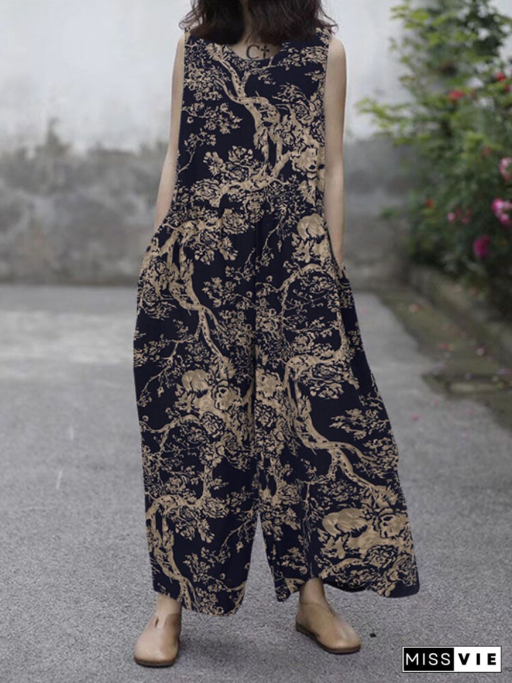 Plant Print Pocket Sleeveless Wide Leg Casual Jumpsuit