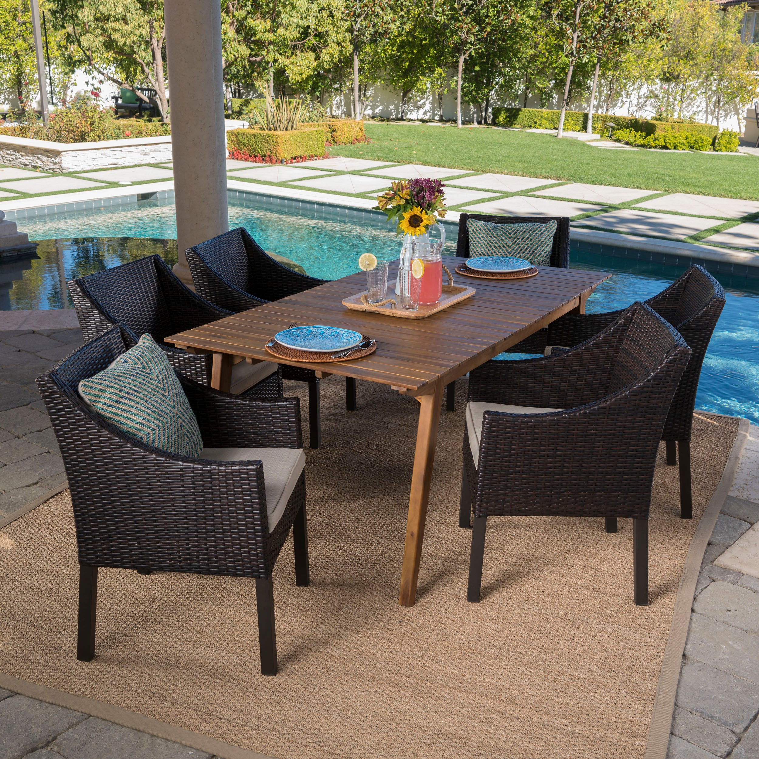 Visalia Outdoor 7 Piece Teak Finished Acacia Wood Rectangular Dining Set