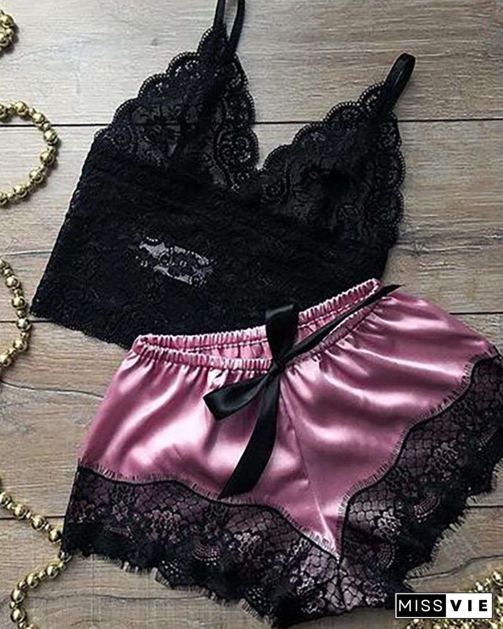 Eyelash Crochet Lace Satin Bowknot Cami Set