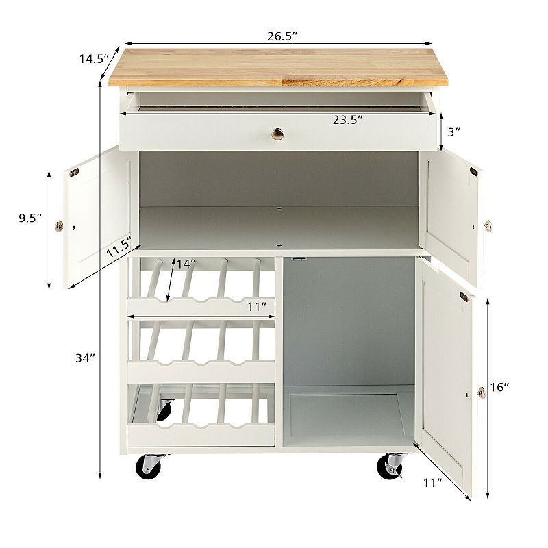 Kitchen Cart with Rubber Wood Top 3 Tier Wine Racks 2 Cabinets