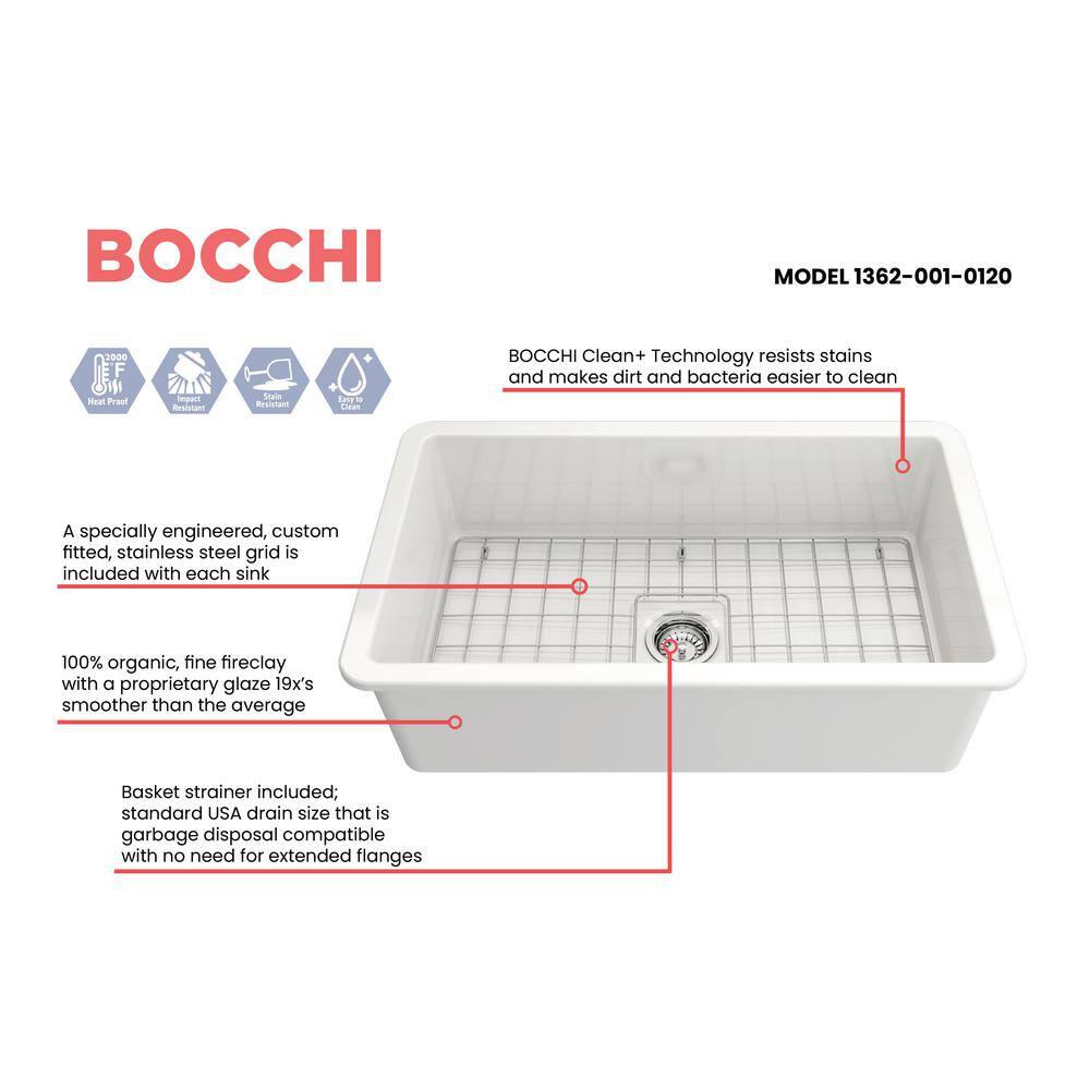 BOCCHI Sotto Undermount Fireclay 32 in. Single Bowl Kitchen Sink with Bottom Grid and Strainer in White 1362-001-0120