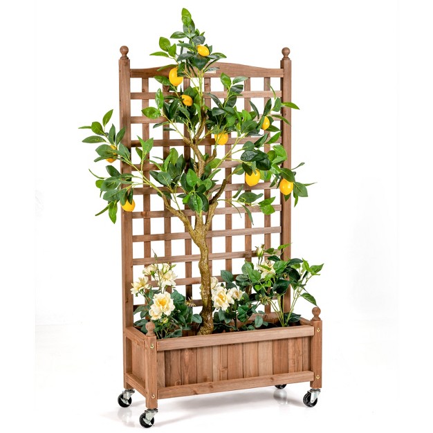 Tangkula 2pc 50in Wood Planter Box With Trellis And Wheels Mobile Plant Raised Bed For Indoorandoutdoor