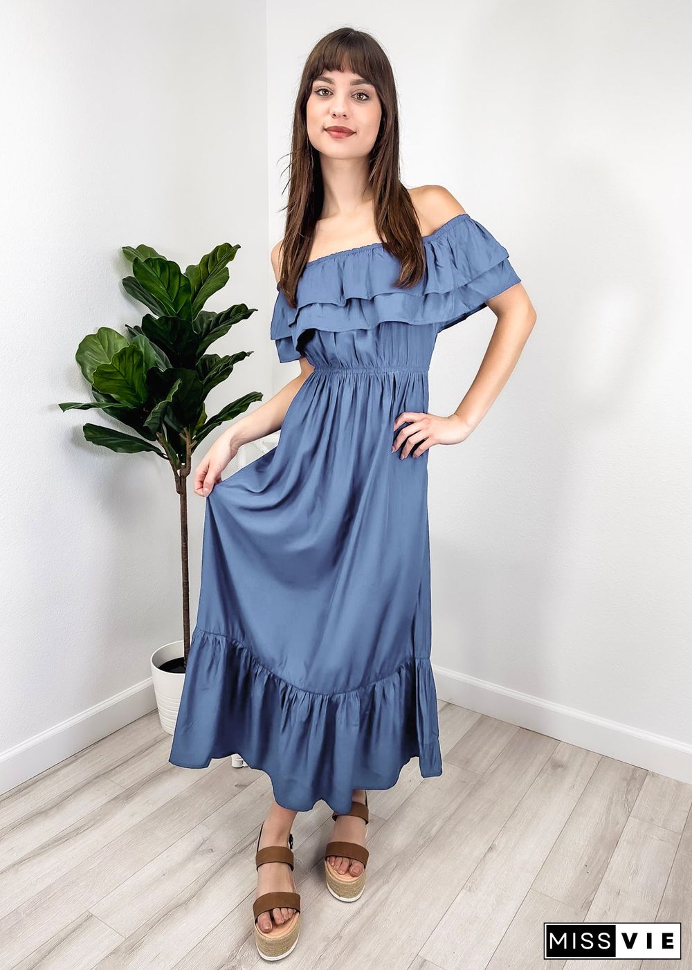 Grecian Ruffle Stretch Maxi Long Dress